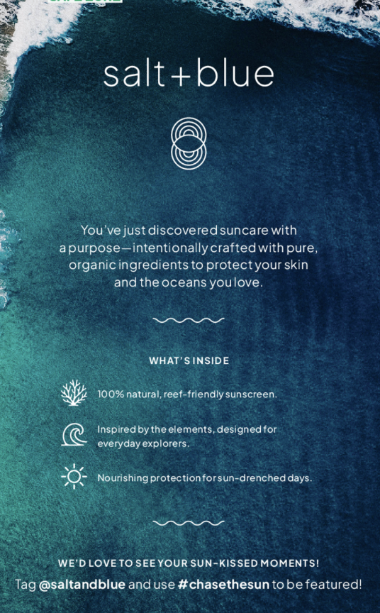 Welcome card for salt+blue sunscreen with ocean wave design and brand information.