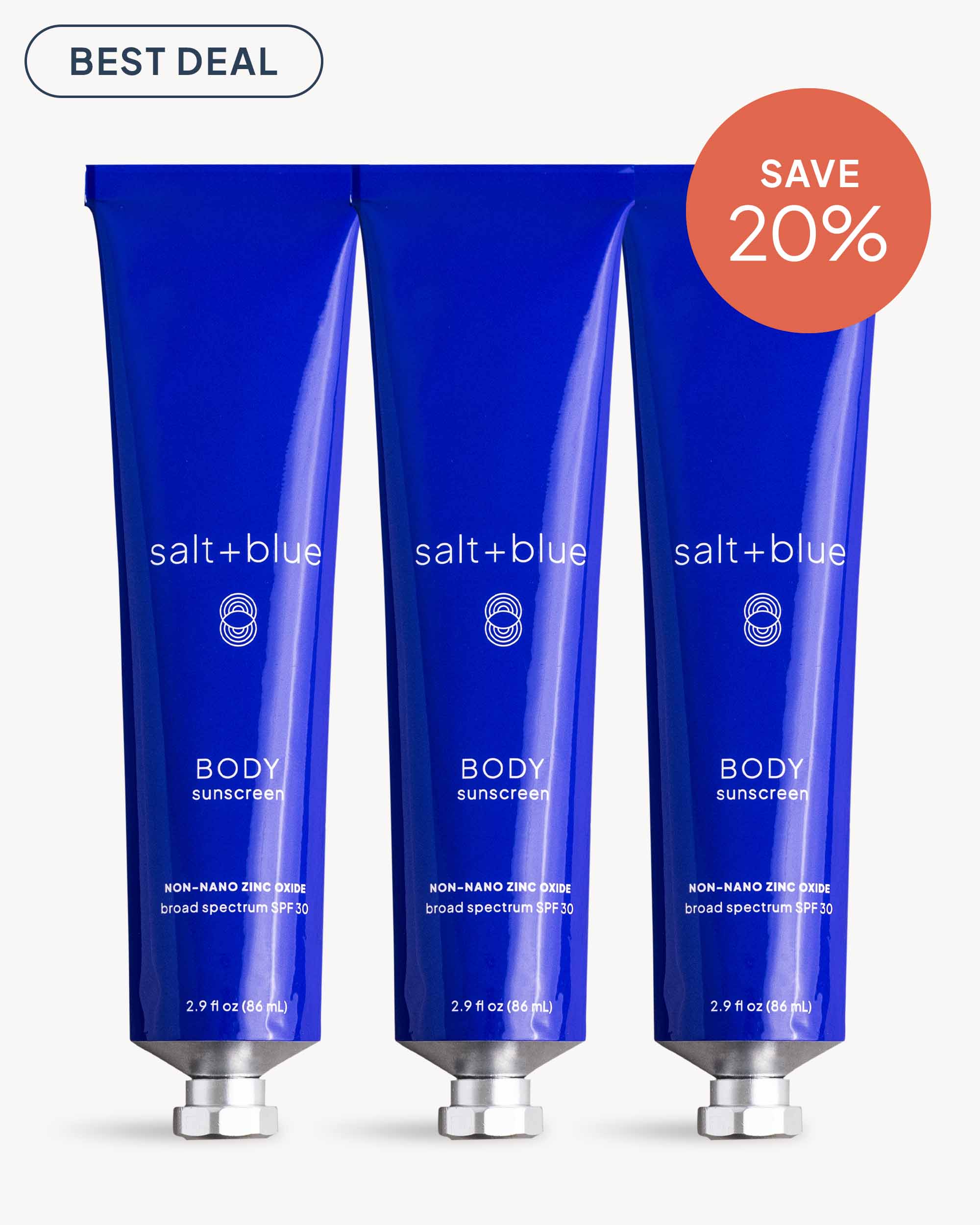 Three blue tubes of salt+blue BODY sunscreen with a 'Best Deal' label and 20% savings badge on a white background