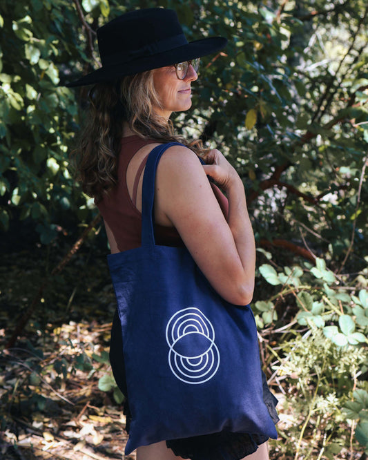 Woman carrying the 100% organic cotton, navy flat tote bag 