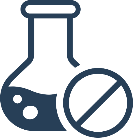 A dark blue line icon of a flask with liquid and a prohibition symbol over it, shown on a plain white background, to represent salt+blue's line of paraben and phthalate free products