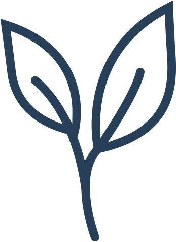 A minimalist dark blue line icon of two leaves on a stem, centered on a plain white background.